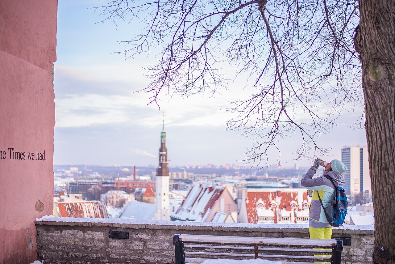 A traveller looking across Tallinn Old Town in winter